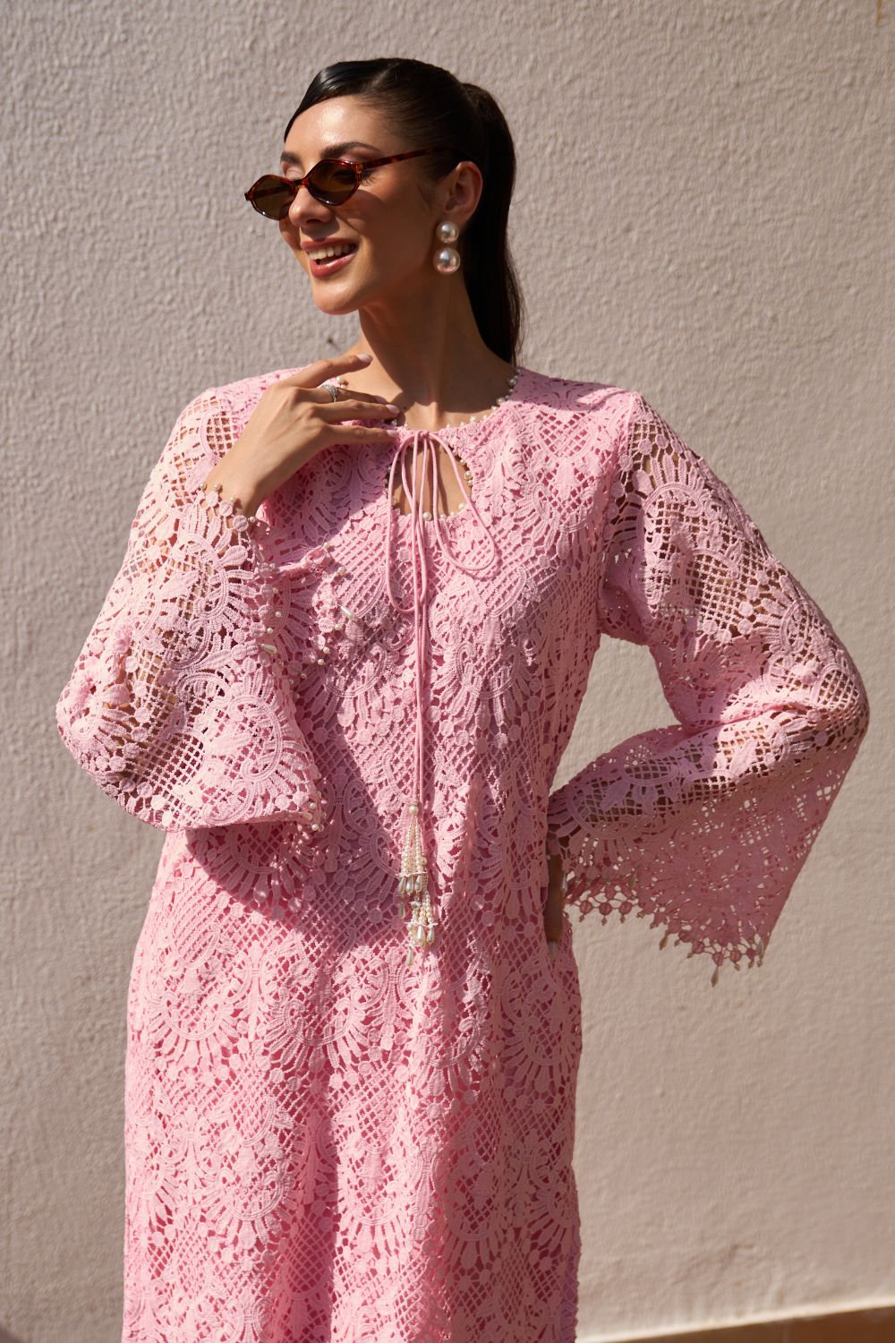 Nikita Vasdev In Our Iqra Pink Lace Kurta Set with Pearl Embroidery