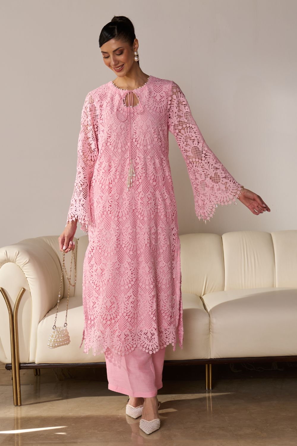 Nikita Vasdev In Our Iqra Pink Lace Kurta Set with Pearl Embroidery