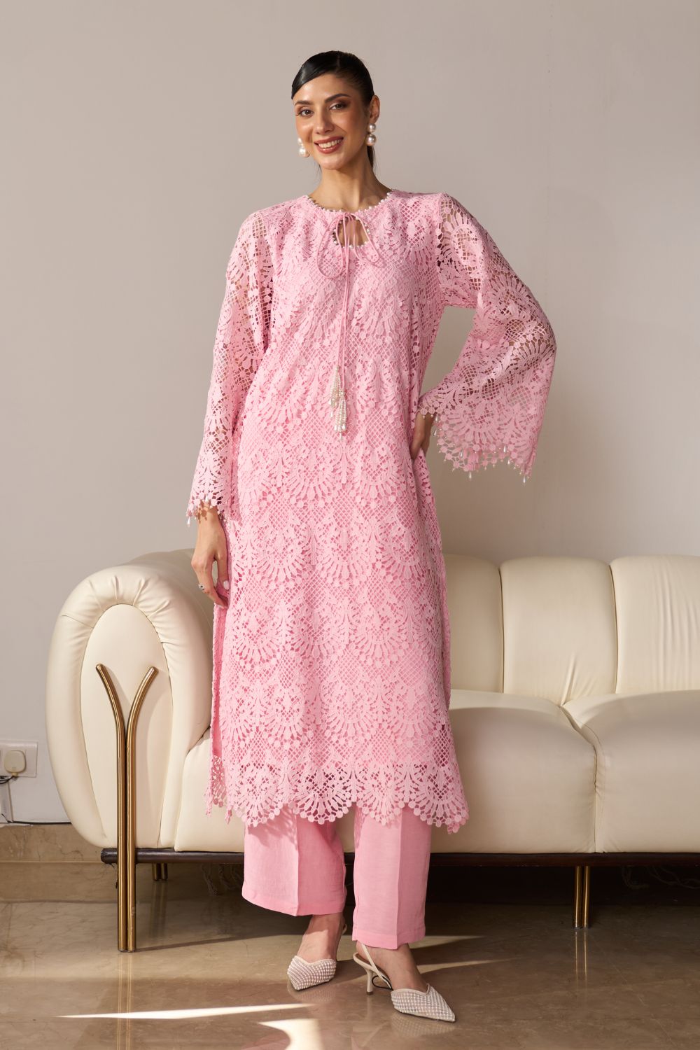 Iqra Pink Lace Kurta Set with Pearl Embroidery
