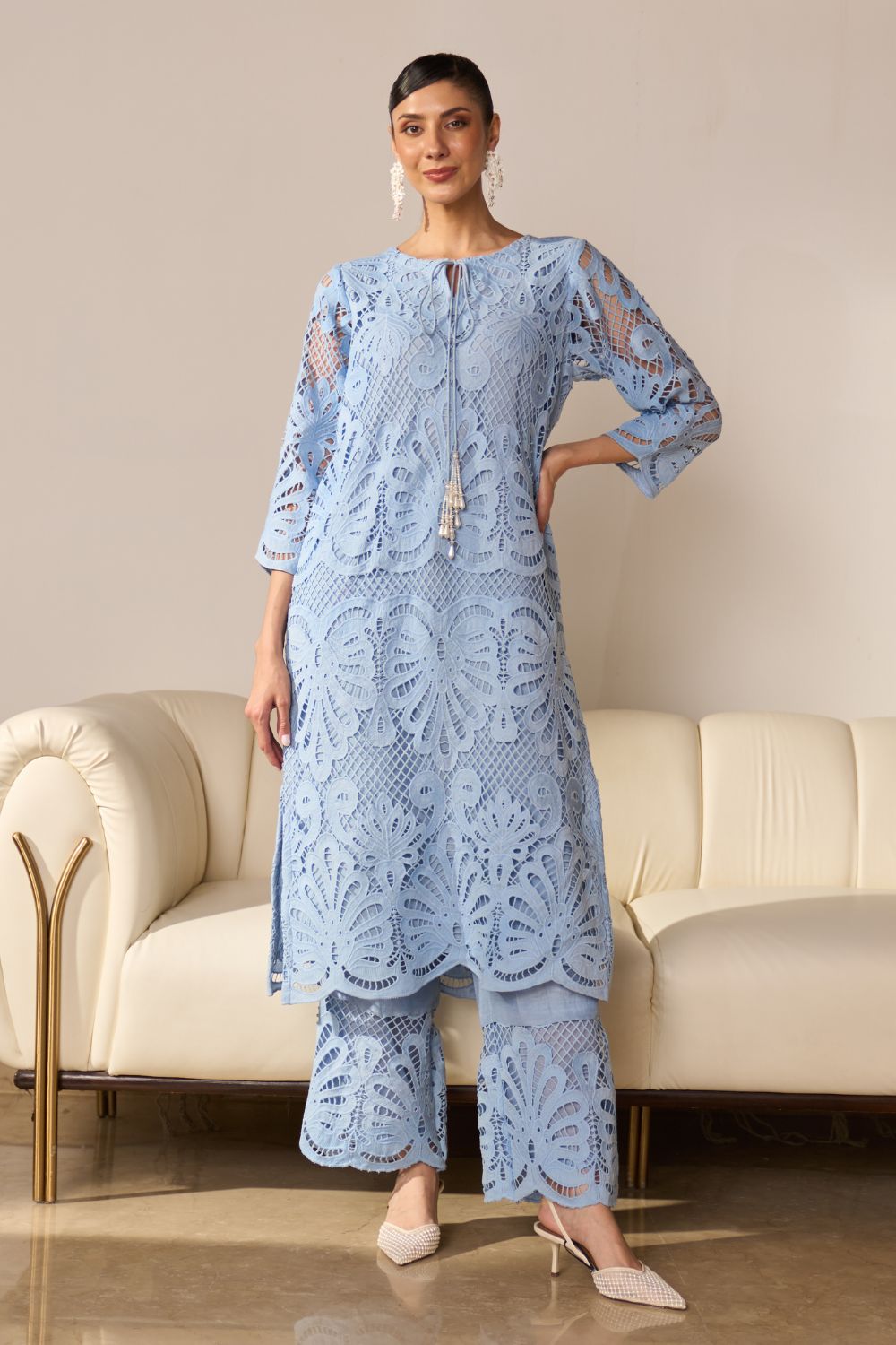 Nikita Vasdev In Our Alia Blue Lace Kurta Set With Pearl Embroidery