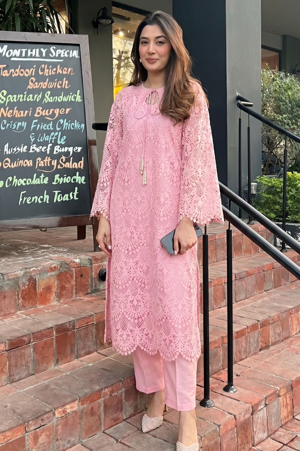 Iqra Pink Lace Kurta Set with Pearl Embroidery