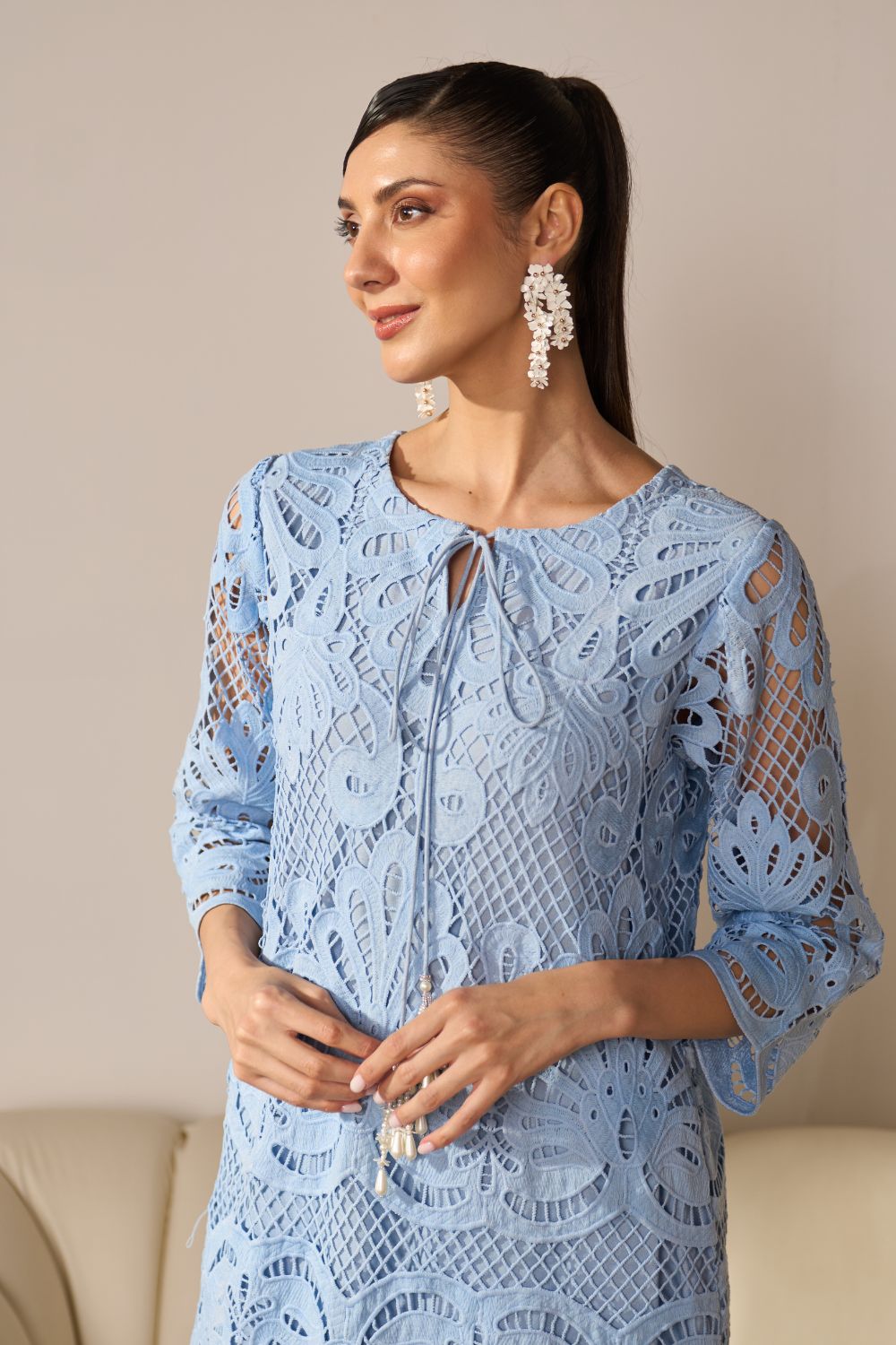 Nikita Vasdev In Our Alia Blue Lace Kurta Set With Pearl Embroidery