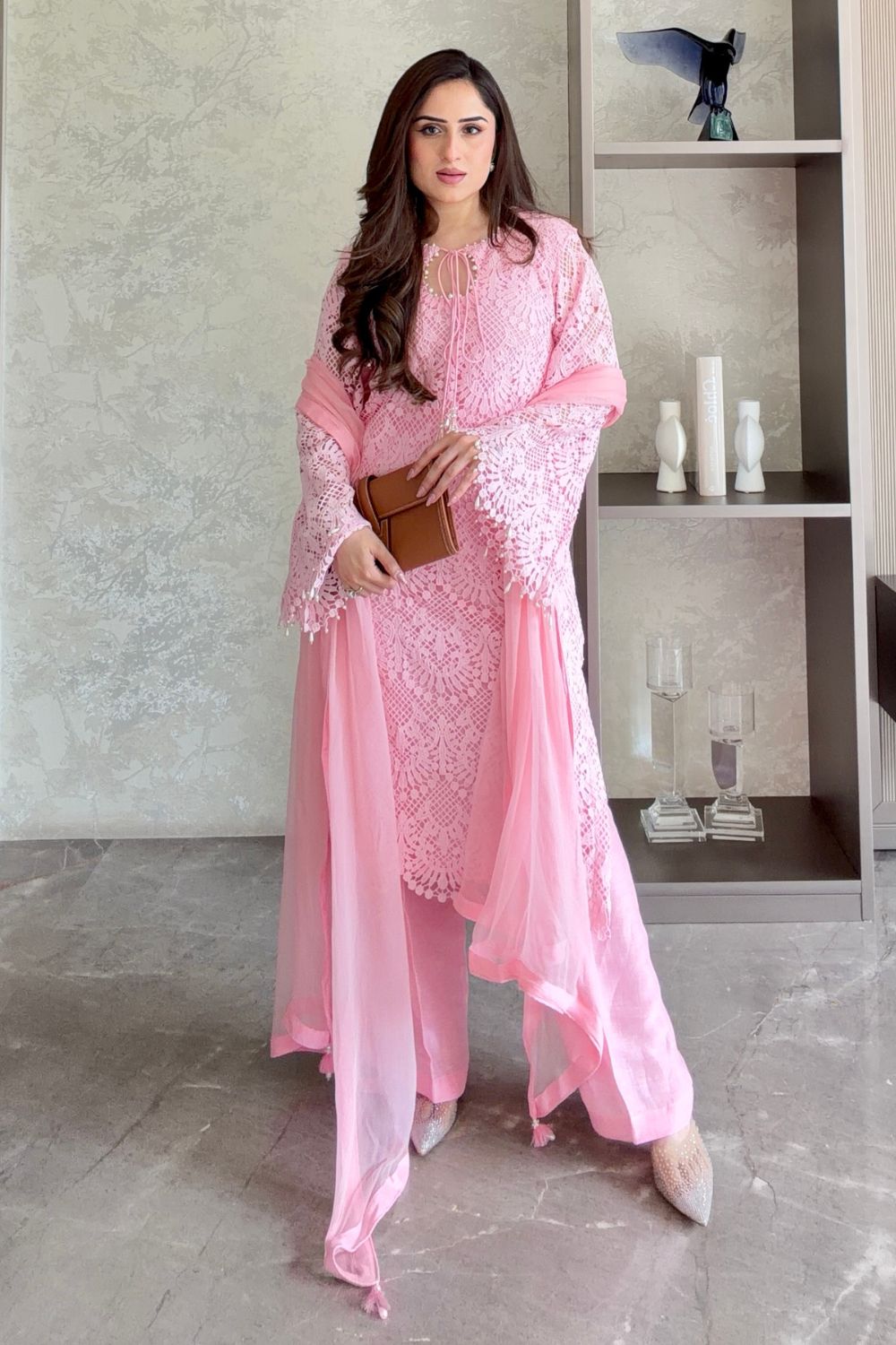 Nikita Vasdev In Our Iqra Pink Lace Kurta Set with Pearl Embroidery