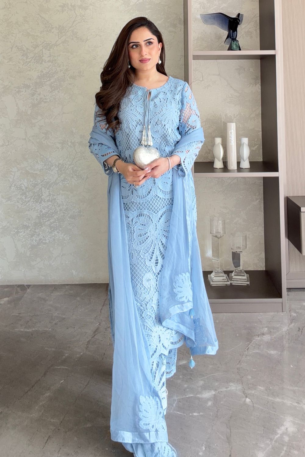 Nikita Vasdev In Our Alia Blue Lace Kurta Set With Pearl Embroidery