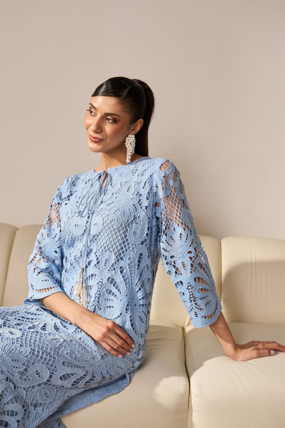 Nikita Vasdev In Our Alia Blue Lace Kurta Set With Pearl Embroidery