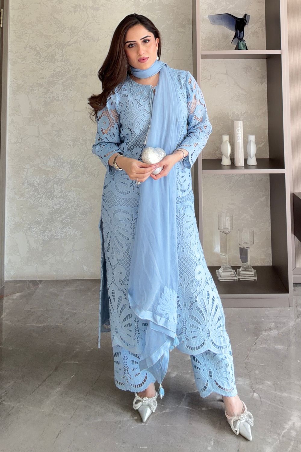 Nikita Vasdev In Our Alia Blue Lace Kurta Set With Pearl Embroidery