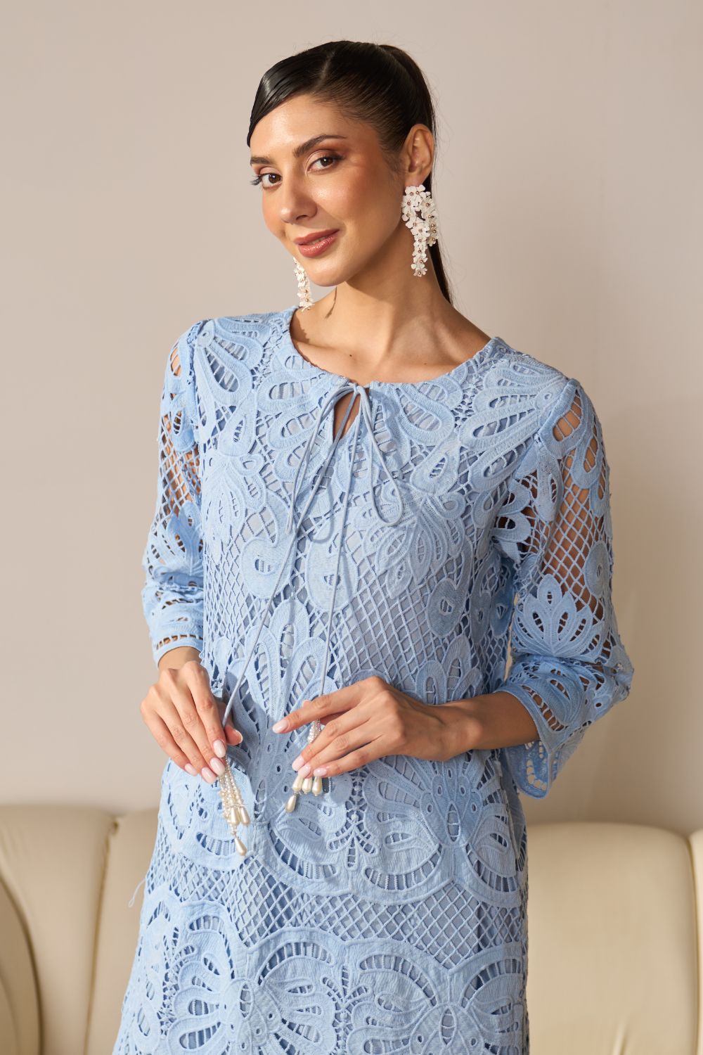 Nikita Vasdev In Our Alia Blue Lace Kurta Set With Pearl Embroidery