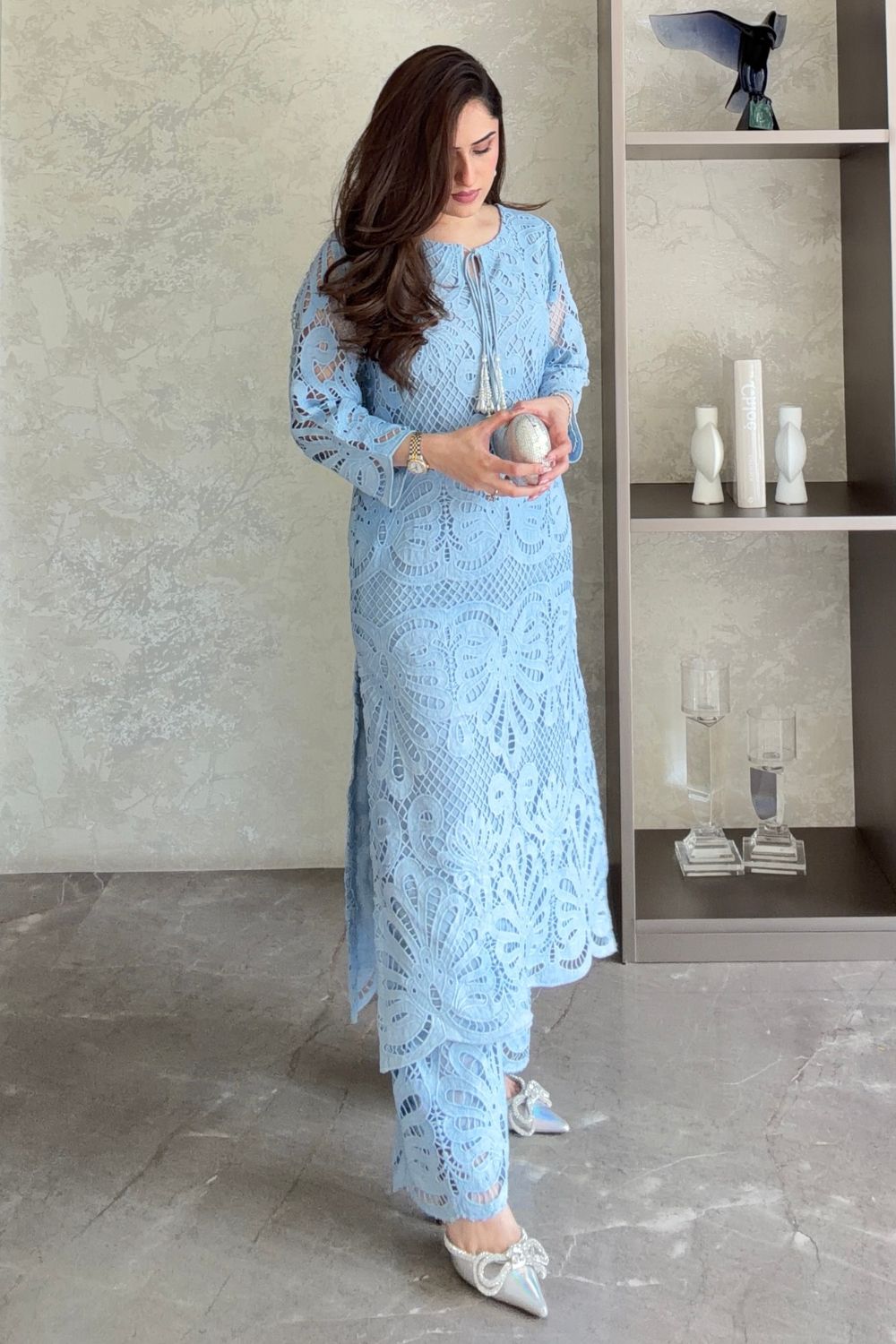 Nikita Vasdev In Our Alia Blue Lace Kurta Set With Pearl Embroidery