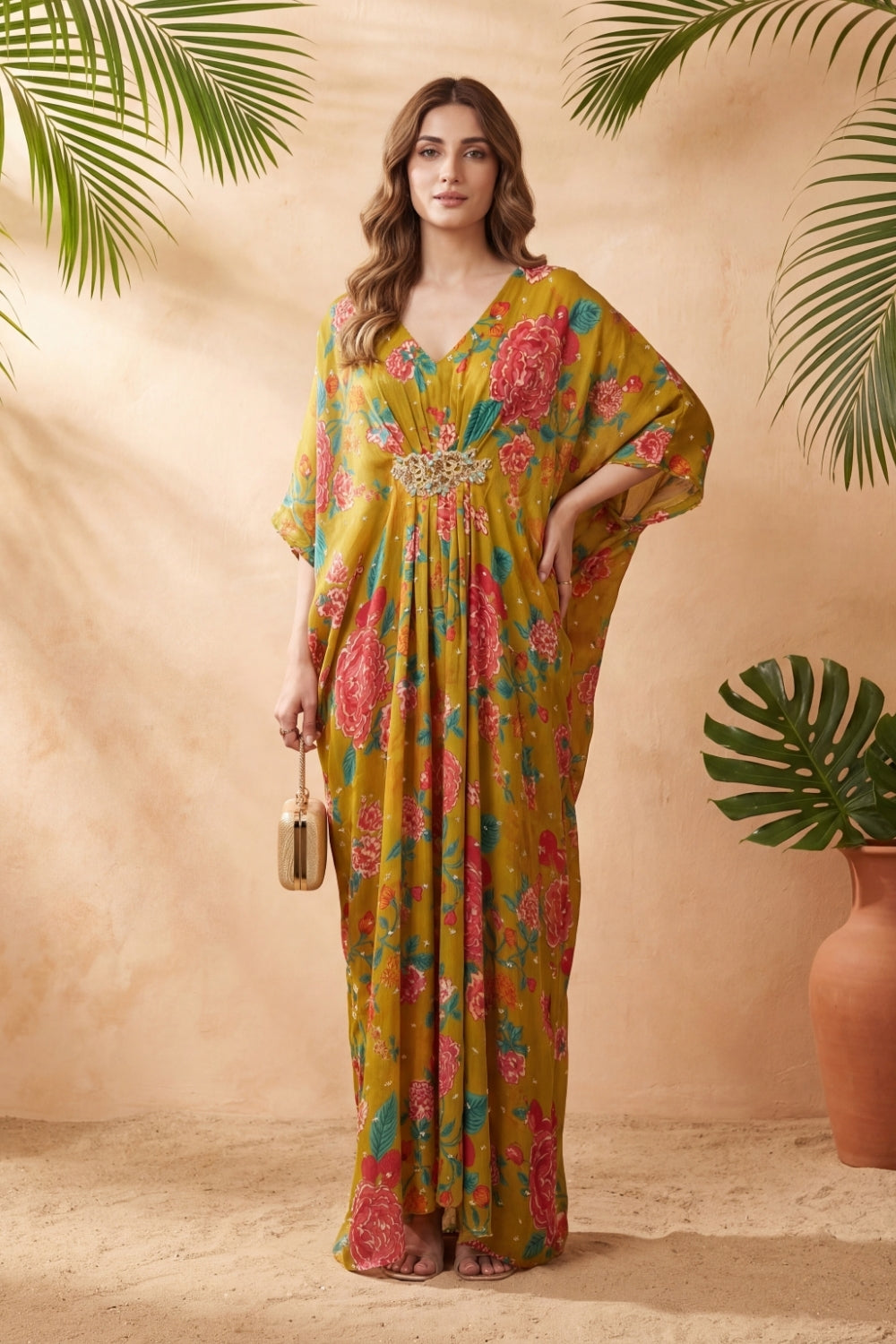 Raina Floral Embroidered Kaftan (Mustard)