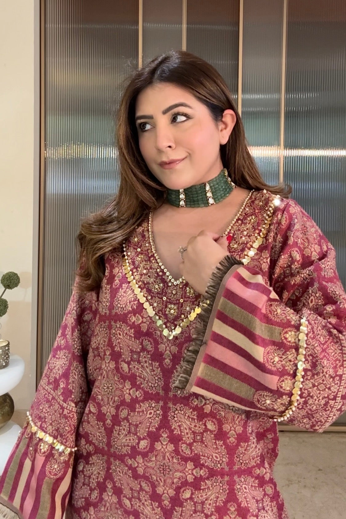 Meghna Pahwa in our Parisa Embroidered Shawl Kaftan (Fuchsia)