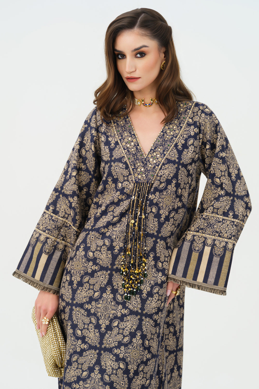 Zia Embroidered Shawl Kaftan (Navy Blue)