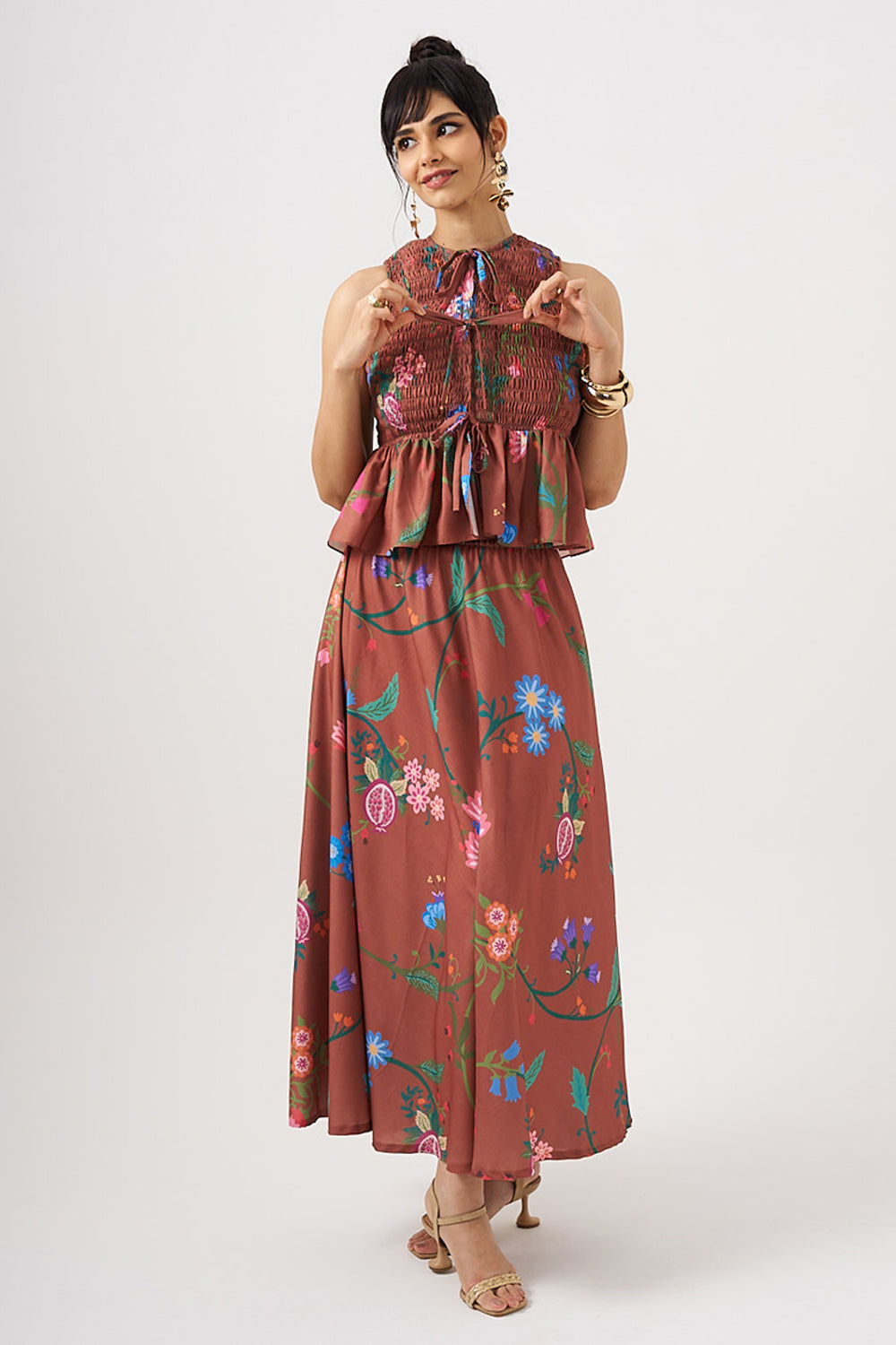 Amber Bloom Tie-up Top & Skirt Set