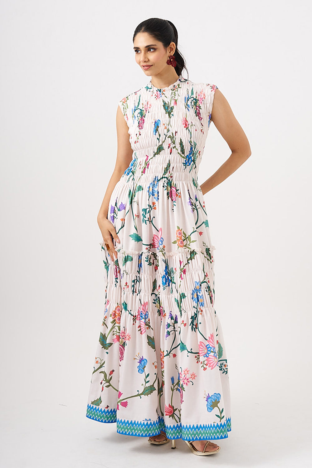 White Long Dress With Smocking Detail