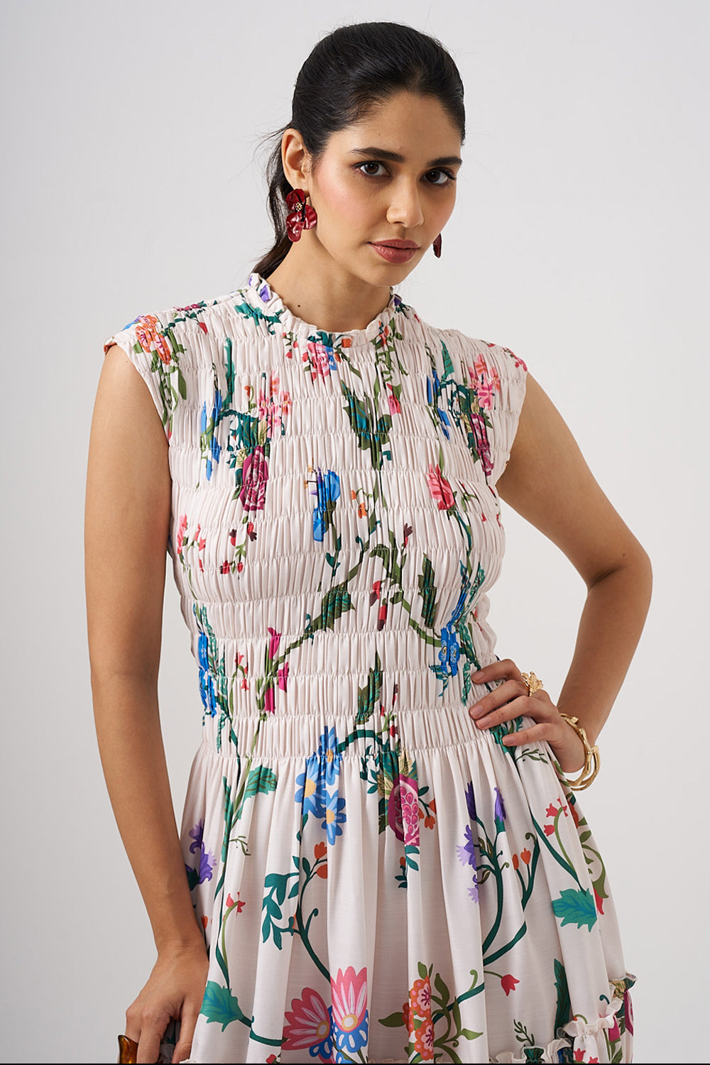 White Long Dress With Smocking Detail