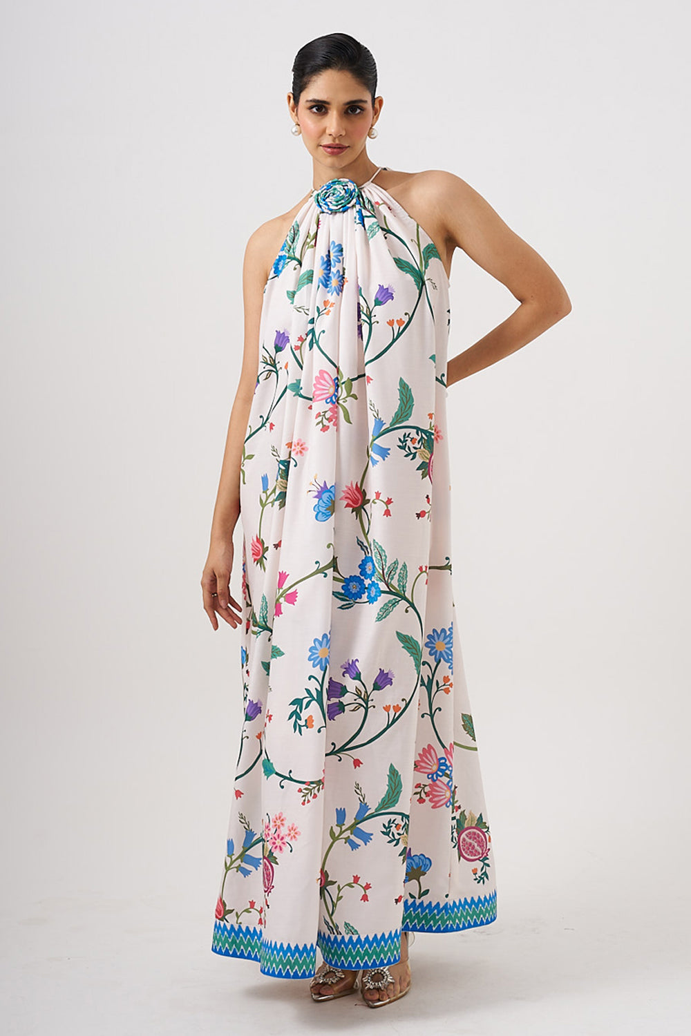 White Long Dress With Flower Detail