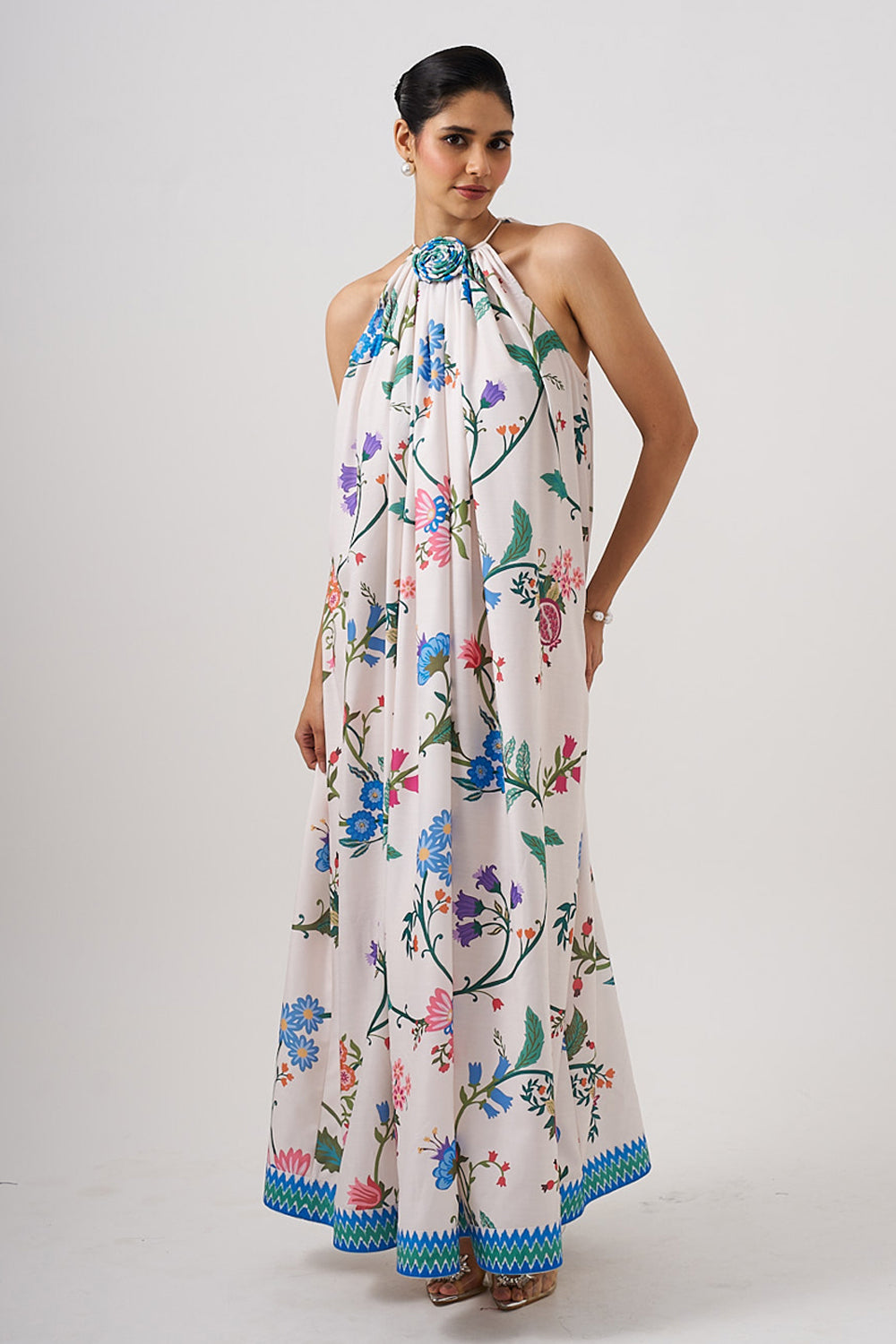White Long Dress With Flower Detail