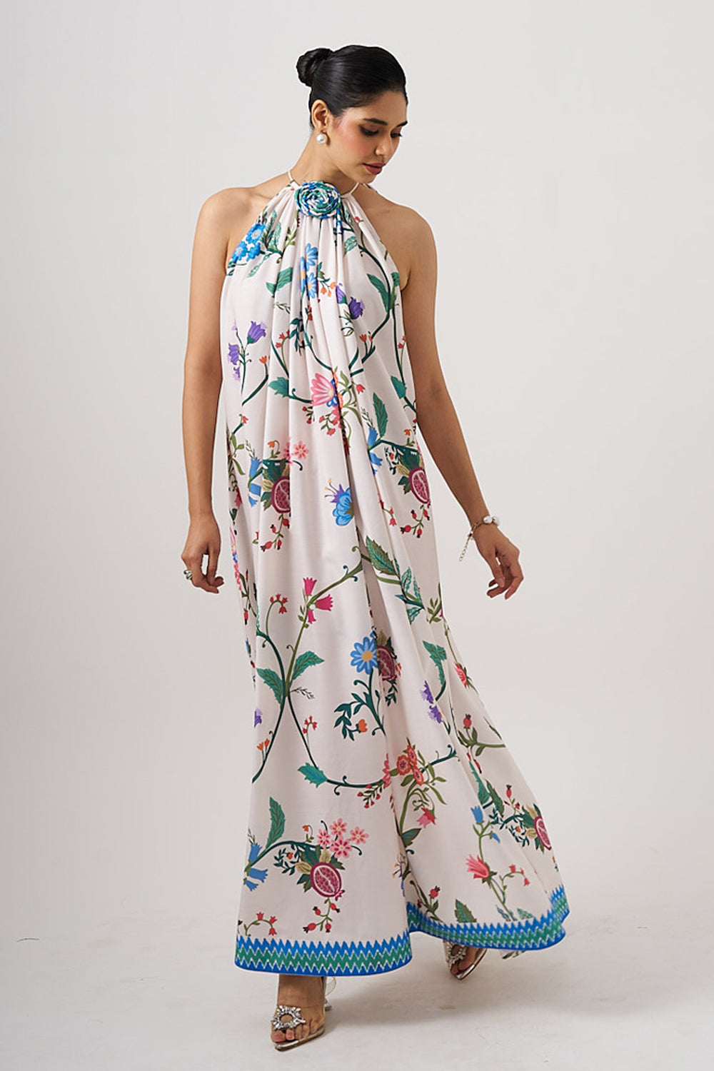 White Long Dress With Flower Detail
