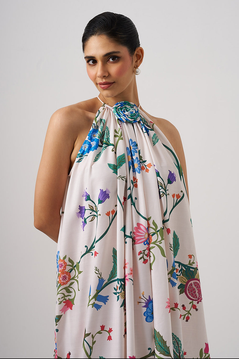 White Long Dress With Flower Detail