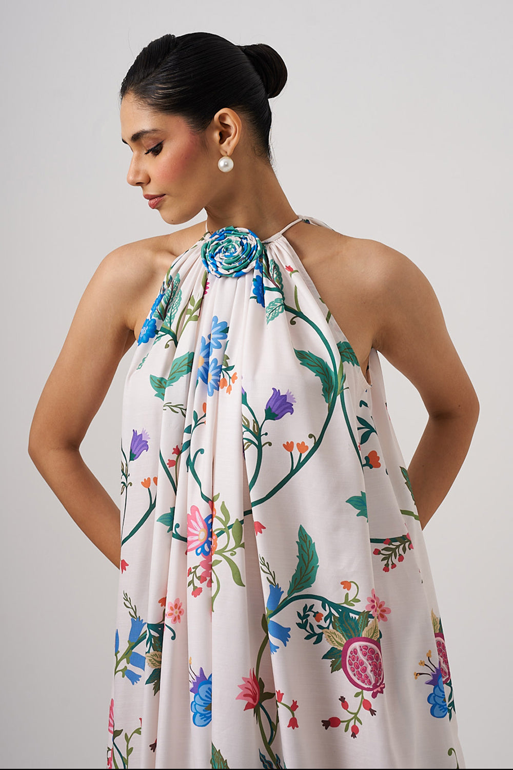 White Long Dress With Flower Detail