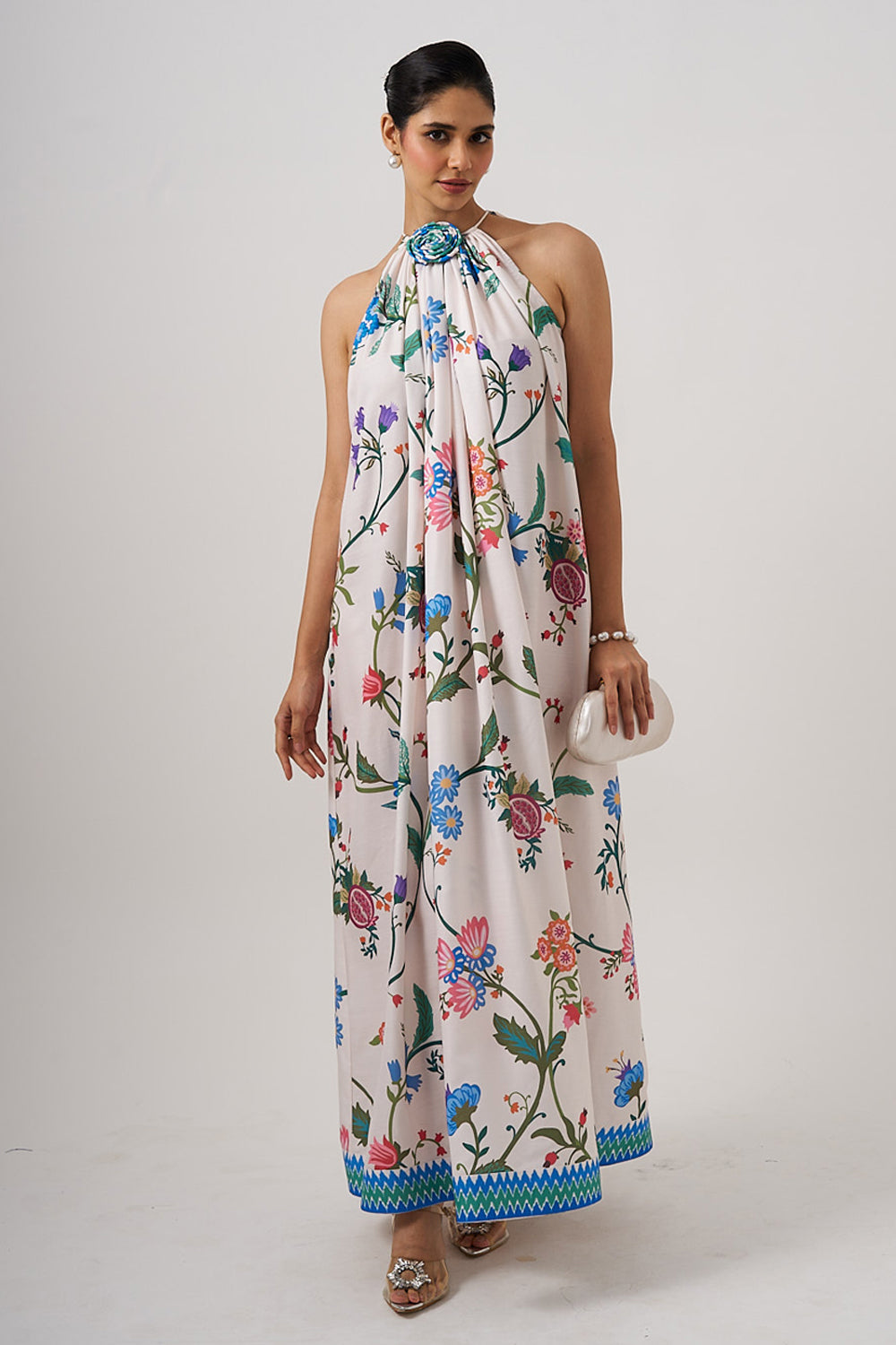 White Long Dress With Flower Detail