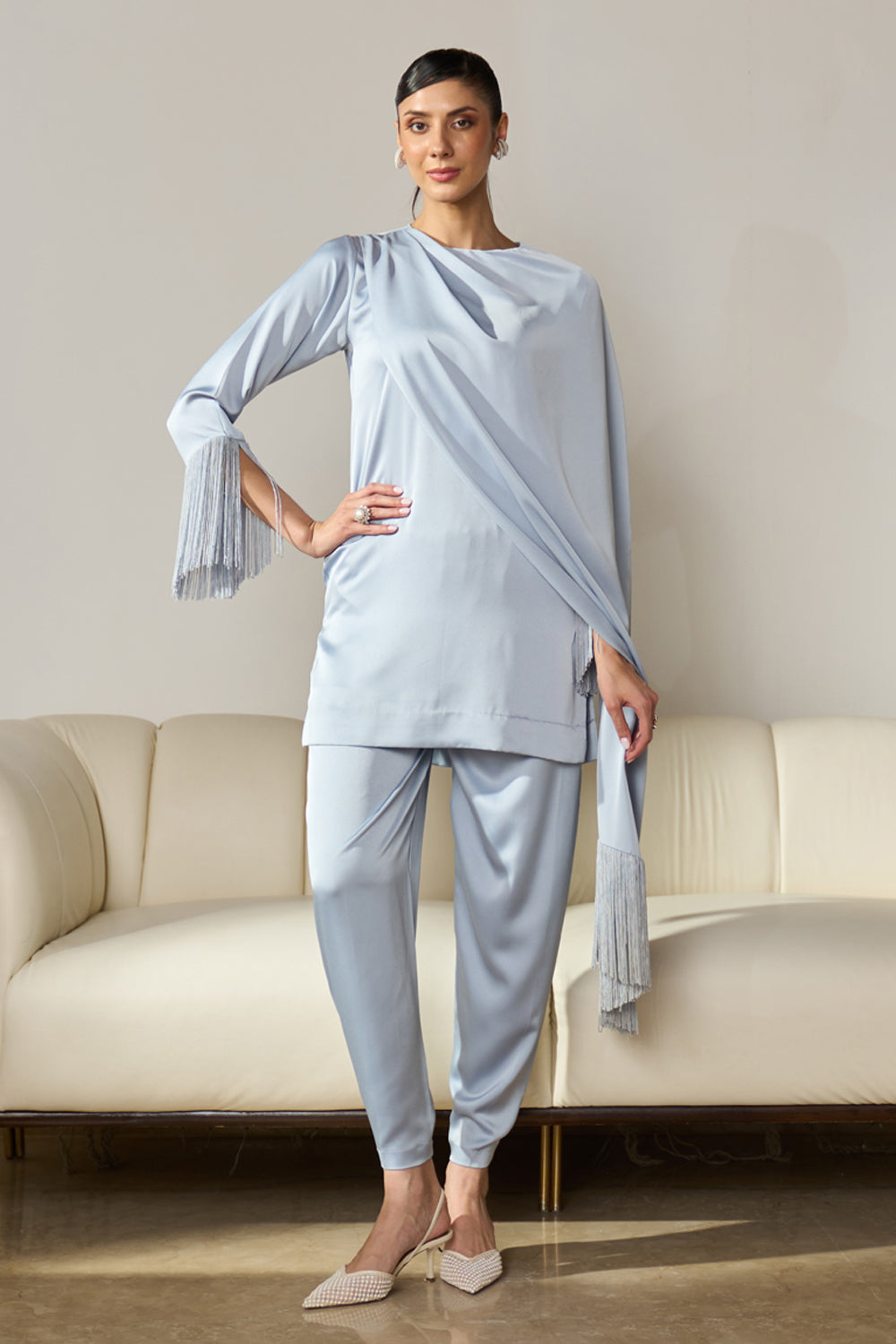 Ziva Fringed Co-ord Set (Ice Blue)