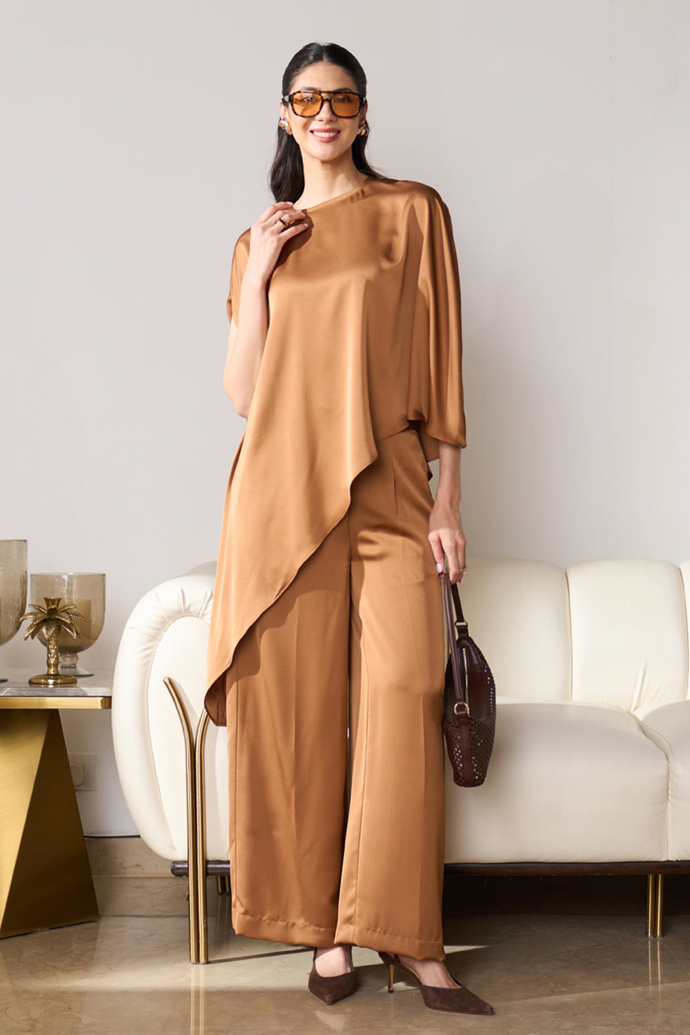 Asymmetric Draped Co-ord Set (Caramel)