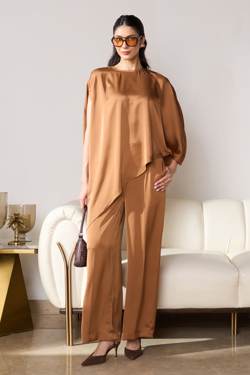 Asymmetric Draped Co-ord Set (Caramel)