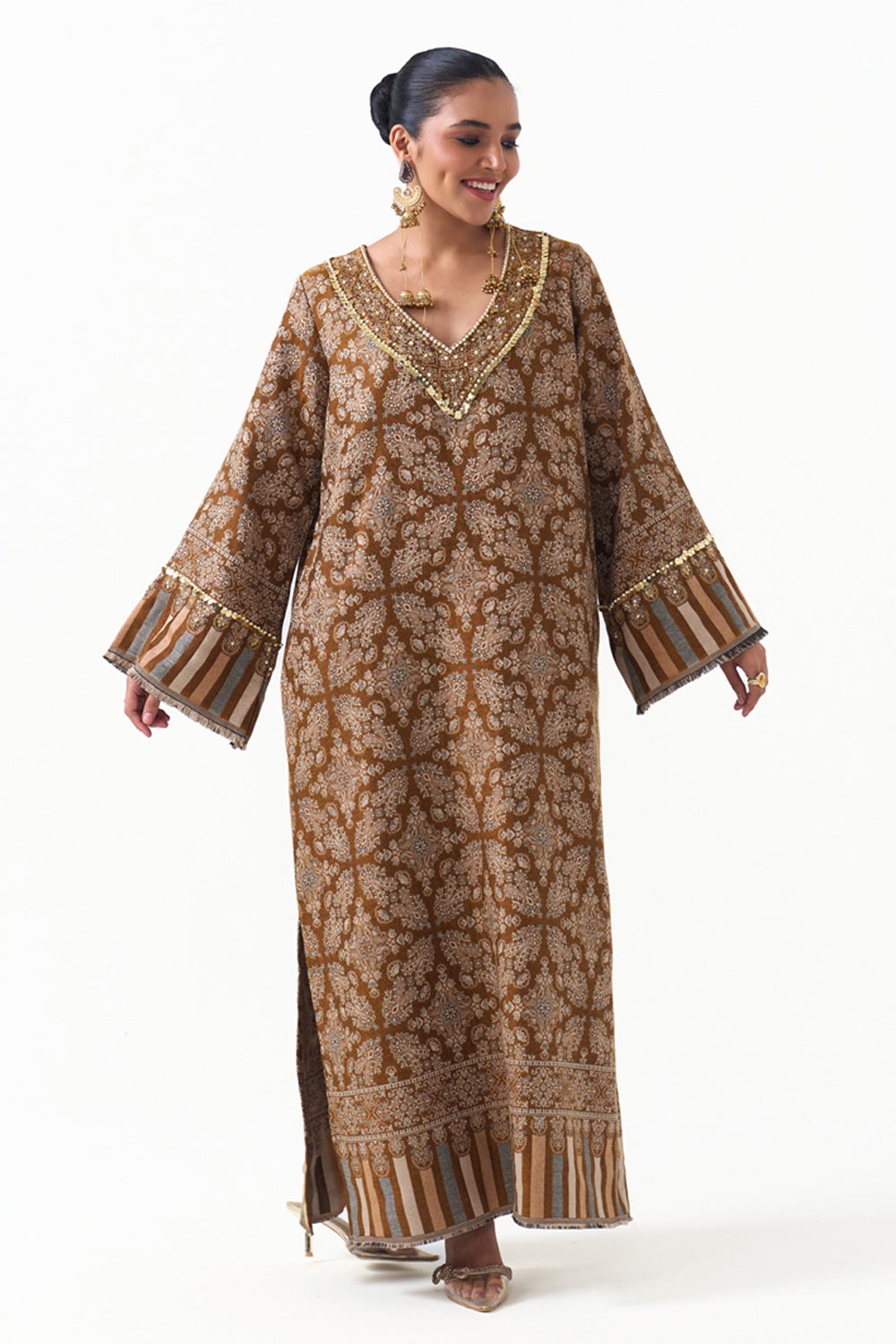 Hania Embroidered Shawl Kaftan (Mustard)