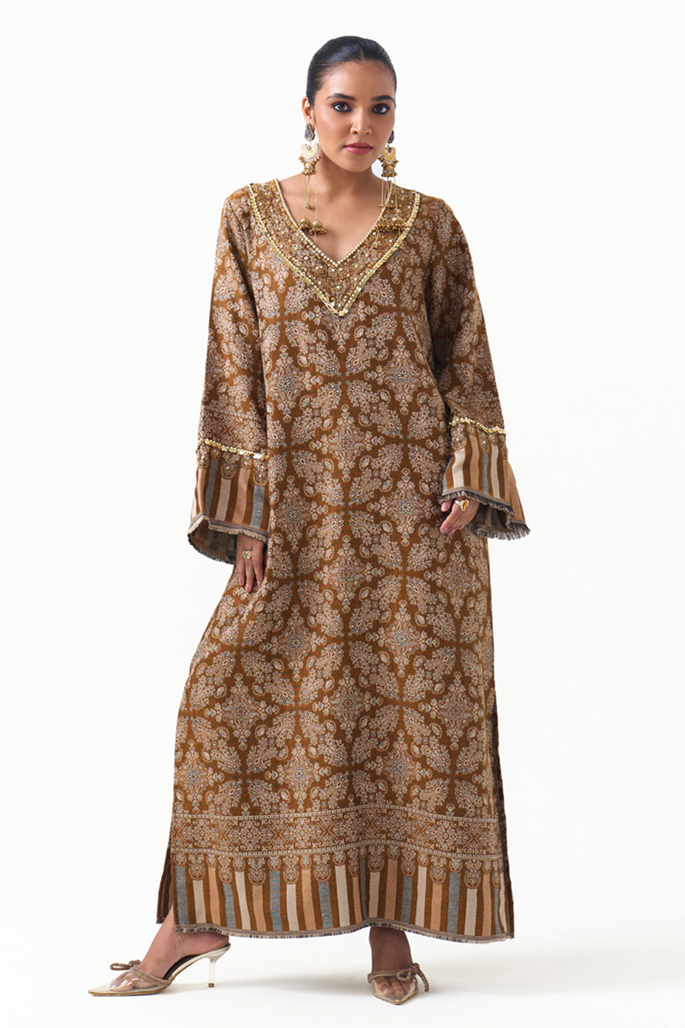 Hania Embroidered Shawl Kaftan (Mustard)