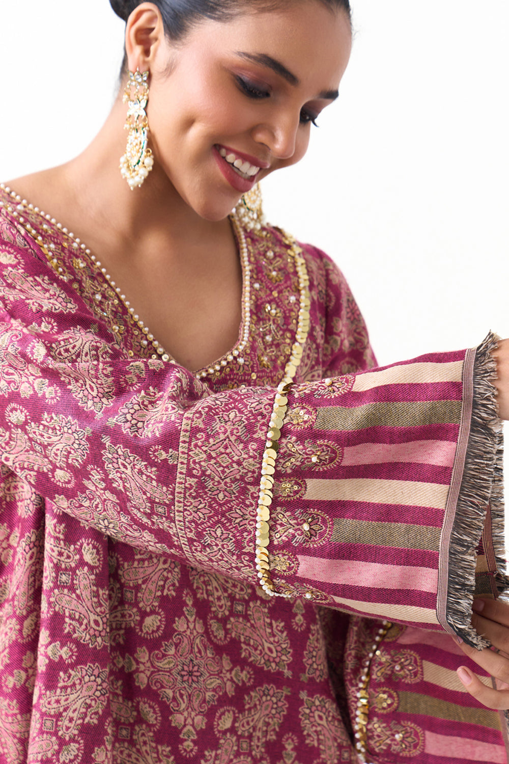 Meghna Pahwa in our Parisa Embroidered Shawl Kaftan (Fuchsia)
