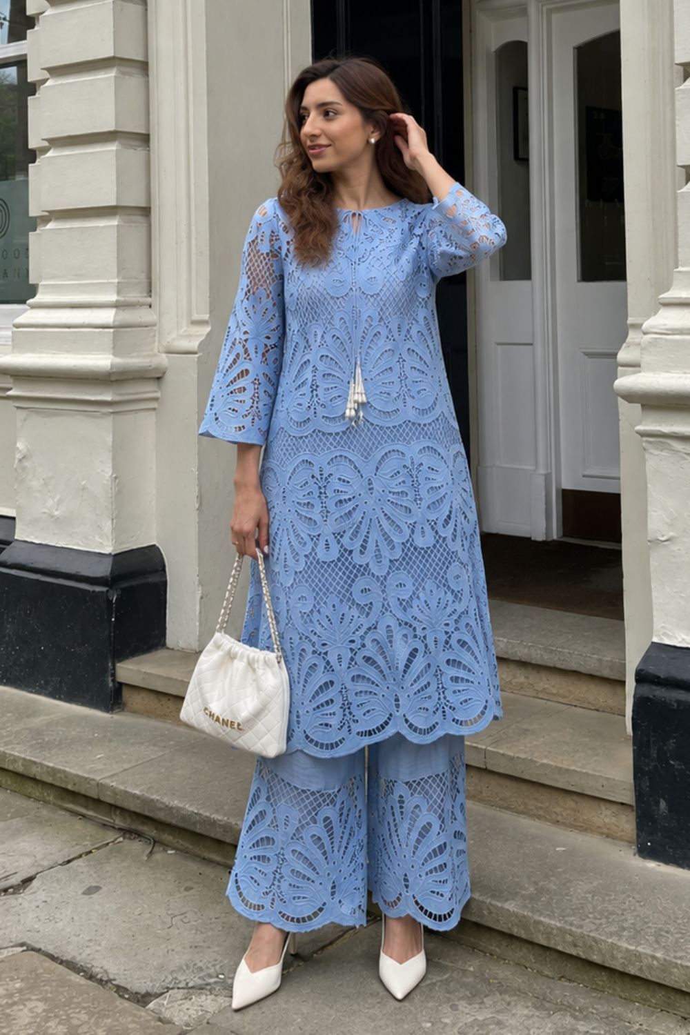 Alia Blue Lace Kurta Set with Dupatta (3 Piece)