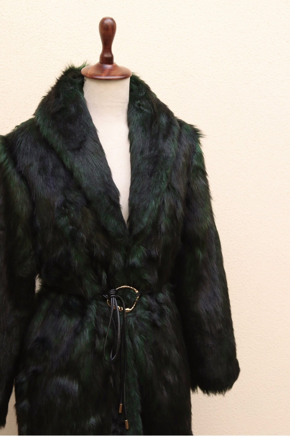 Rebecca Dark Green & Black Fur Coat with Tie-up Belt