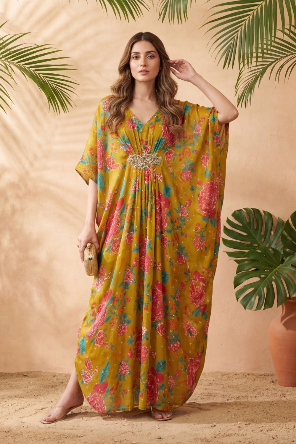 Raina Floral Embroidered Kaftan (Mustard)