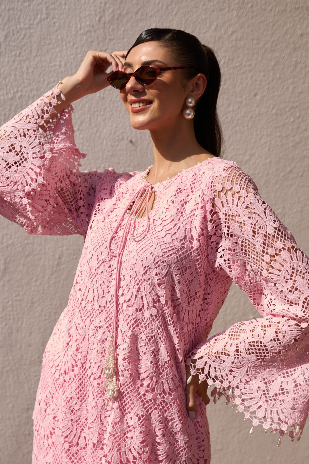 Nikita Vasdev In Our Iqra Pink Lace Kurta Set with Pearl Embroidery