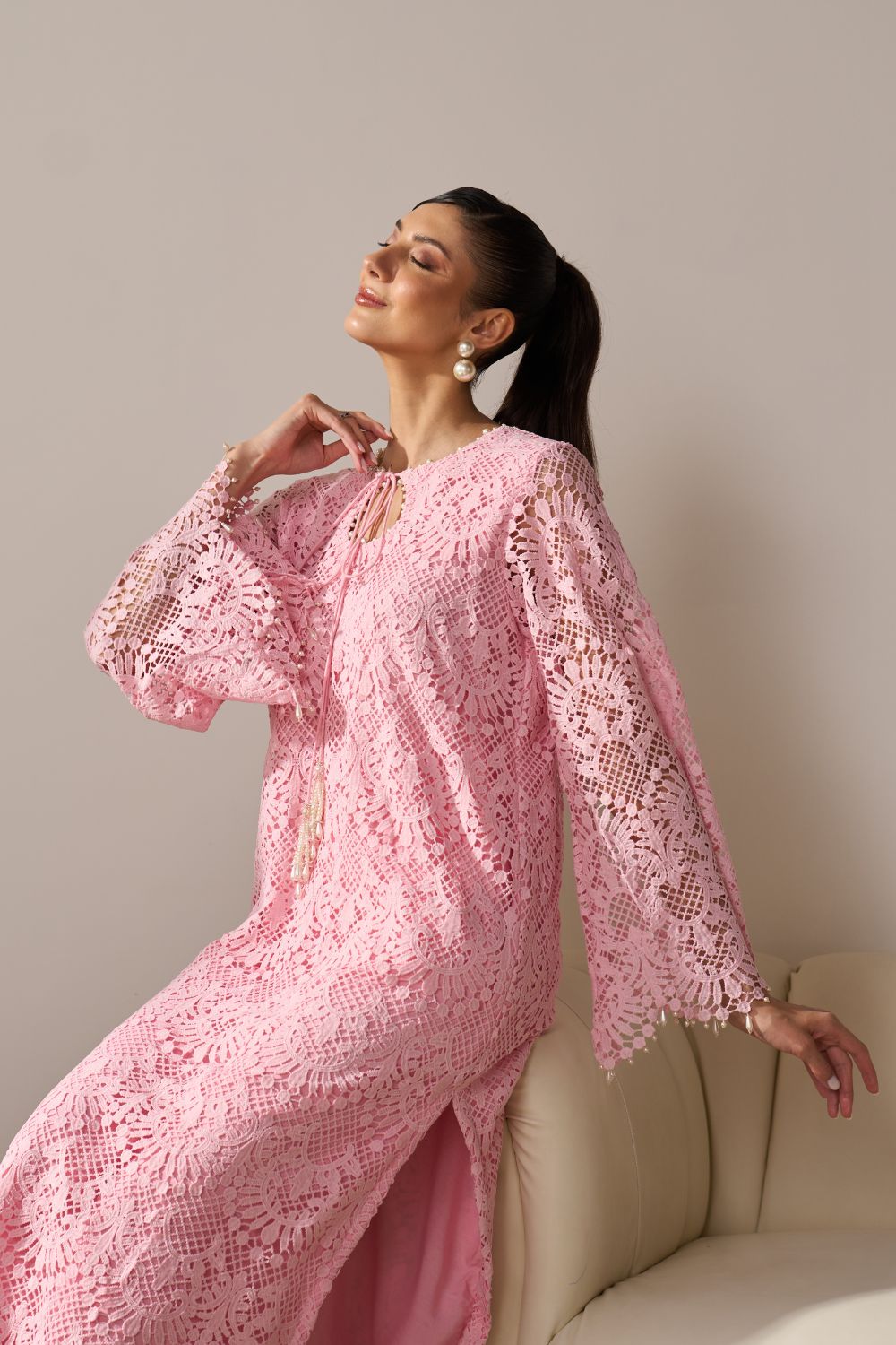 Nikita Vasdev In Our Iqra Pink Lace Kurta Set with Pearl Embroidery