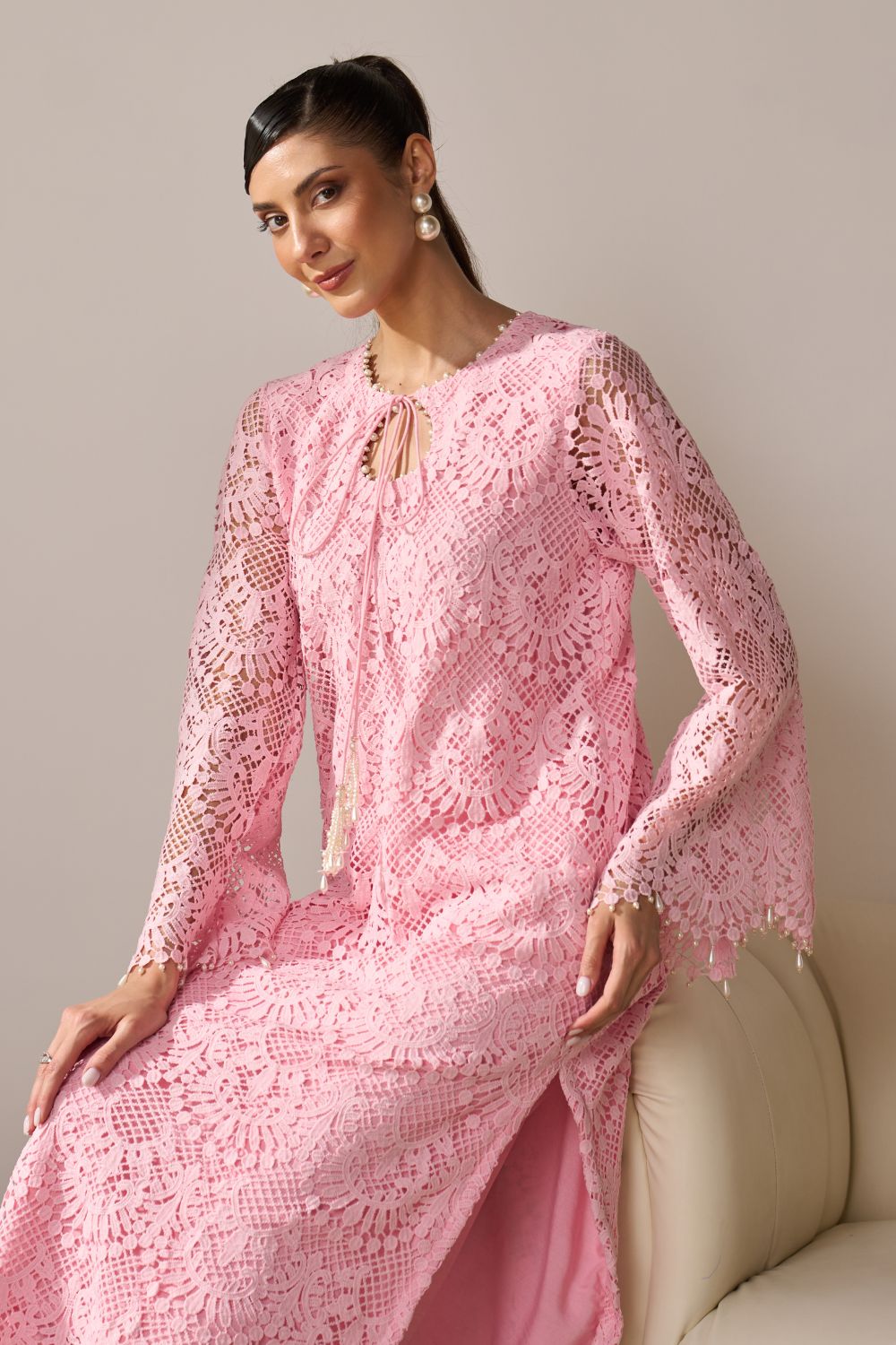 Nikita Vasdev In Our Iqra Pink Lace Kurta Set with Pearl Embroidery