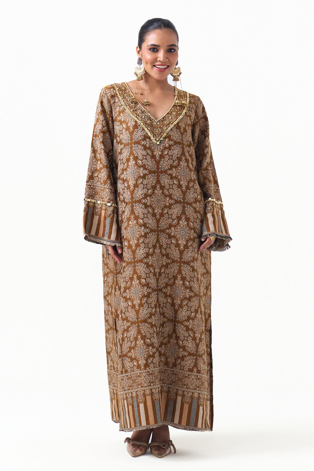 Hania Embroidered Shawl Kaftan (Mustard)