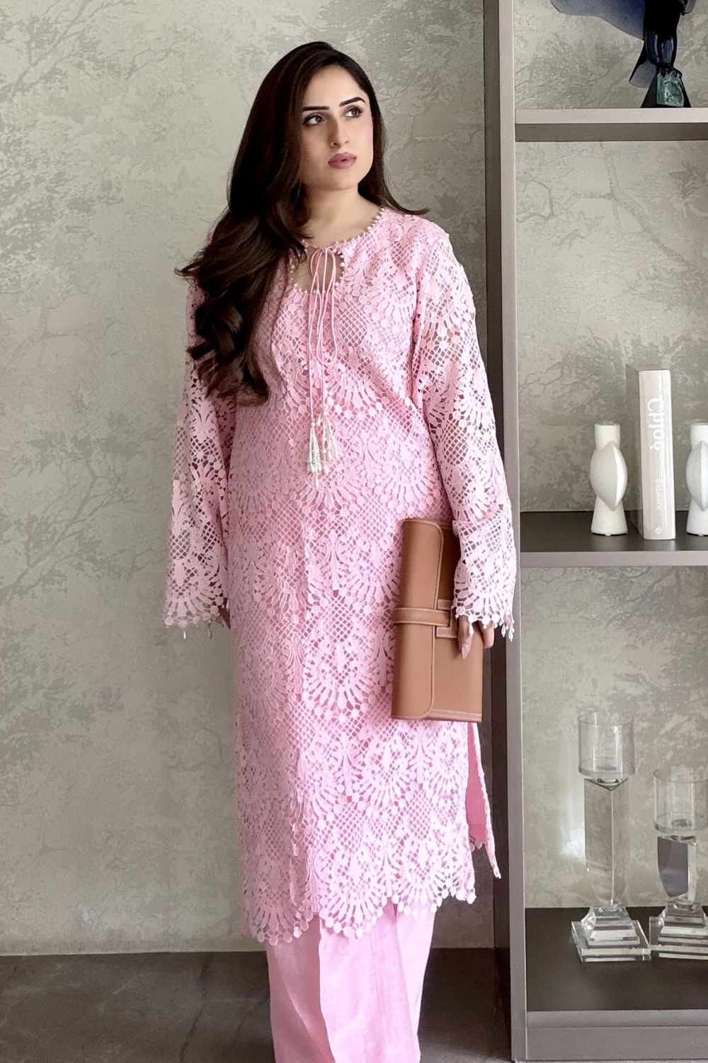 Nikita Vasdev In Our Iqra Pink Lace Kurta Set with Pearl Embroidery