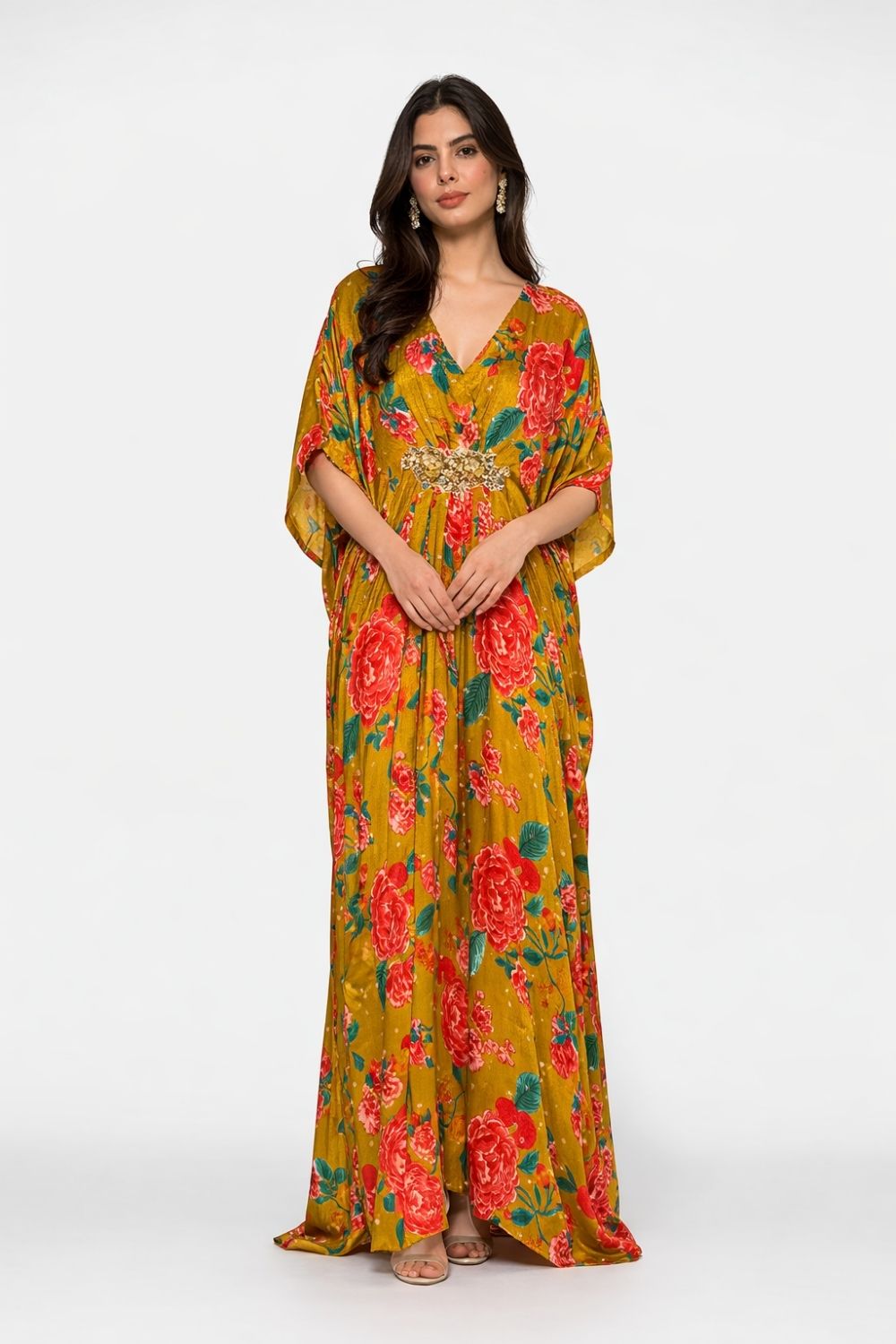 Raina Floral Embroidered Kaftan (Mustard)