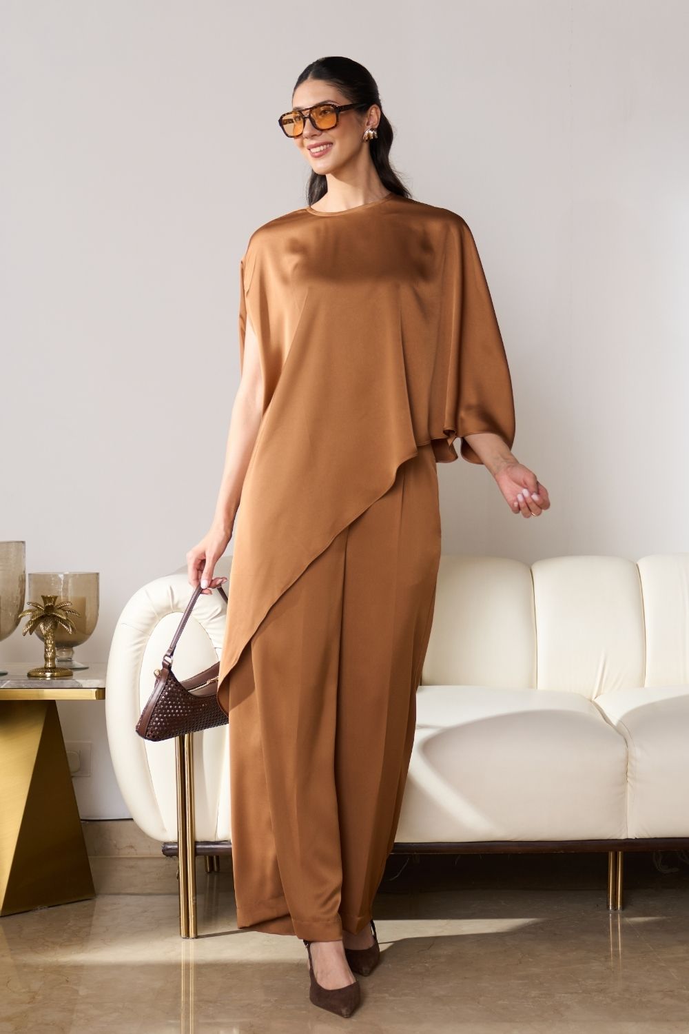 Asymmetric Draped Co-ord Set (Caramel)