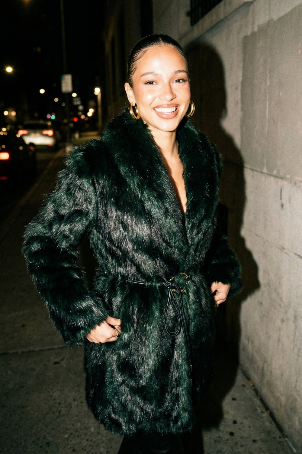 Rebecca Dark Green & Black Fur Coat with Tie-up Belt