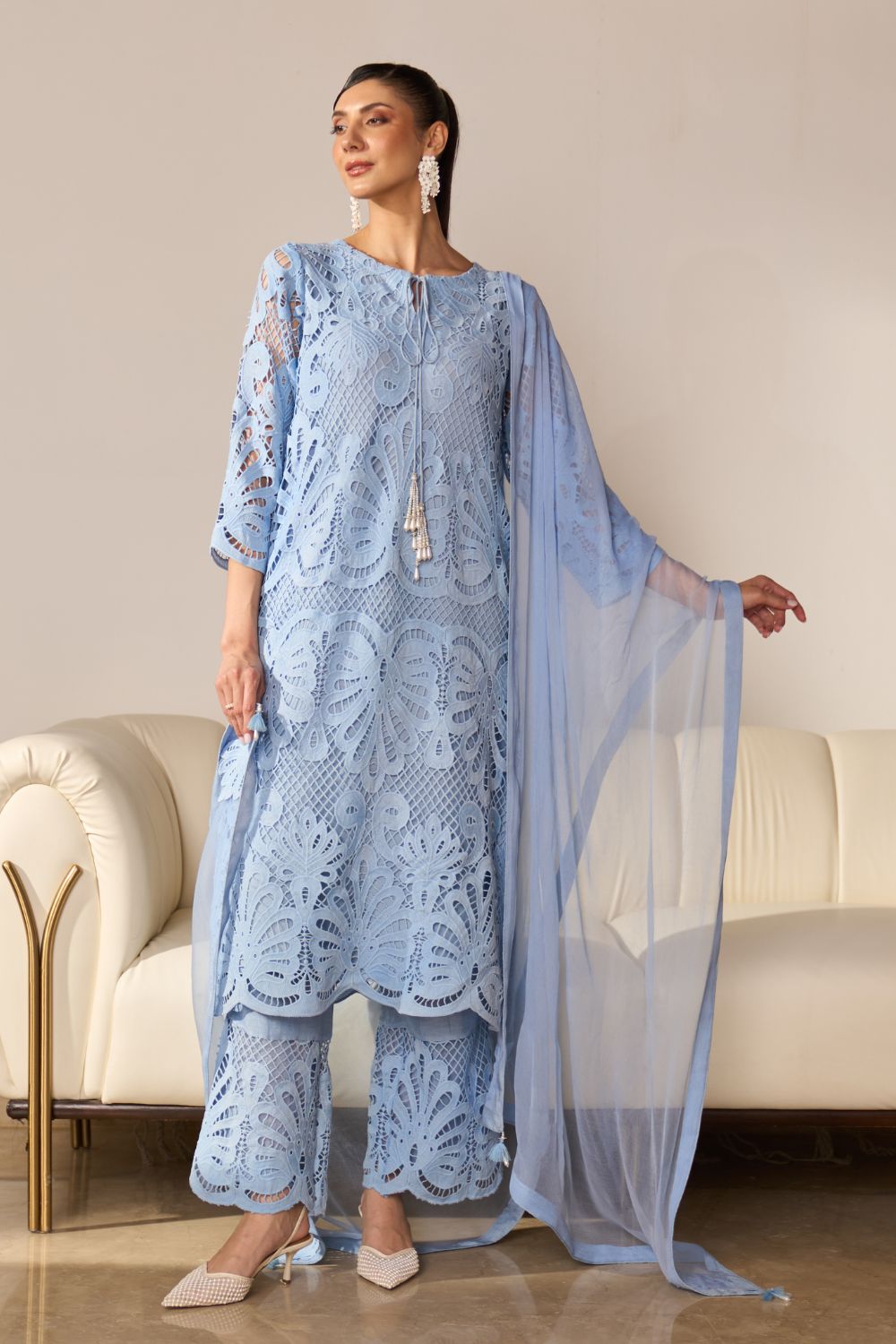 Alia Blue Lace Kurta Set with Dupatta (3 Piece)