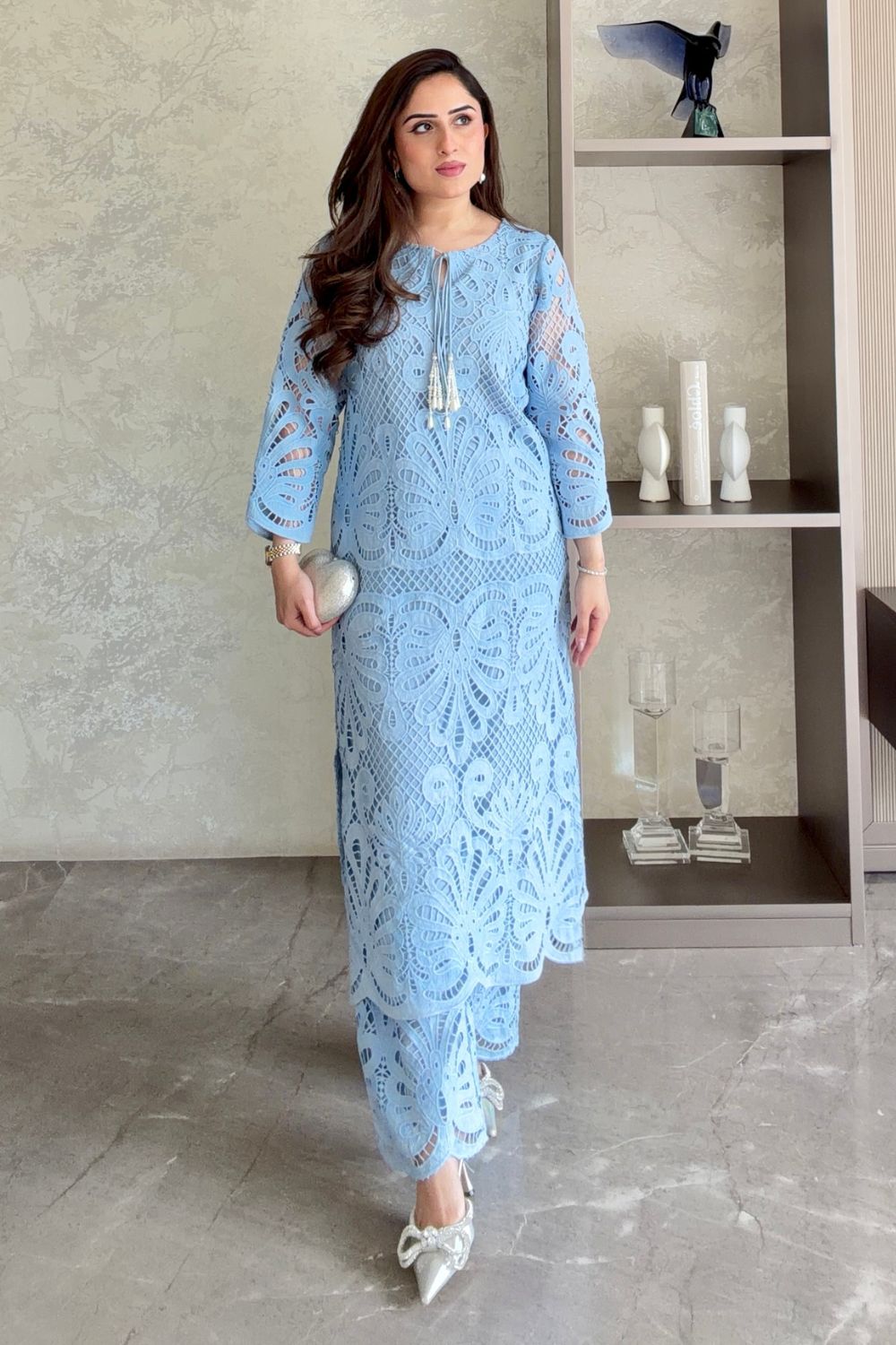 Nikita Vasdev In Our Alia Blue Lace Kurta Set With Pearl Embroidery