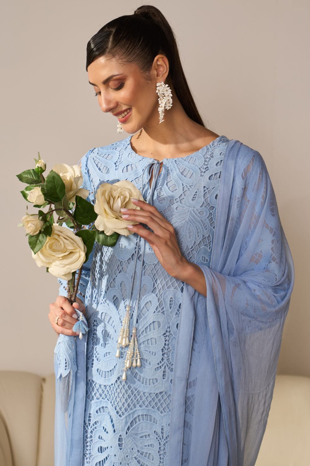 Nikita Vasdev In Our Alia Blue Lace Kurta Set With Pearl Embroidery