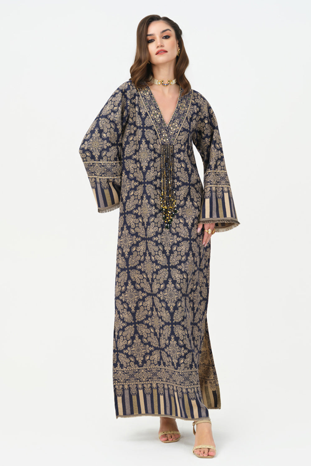 Zia Embroidered Shawl Kaftan (Navy Blue)