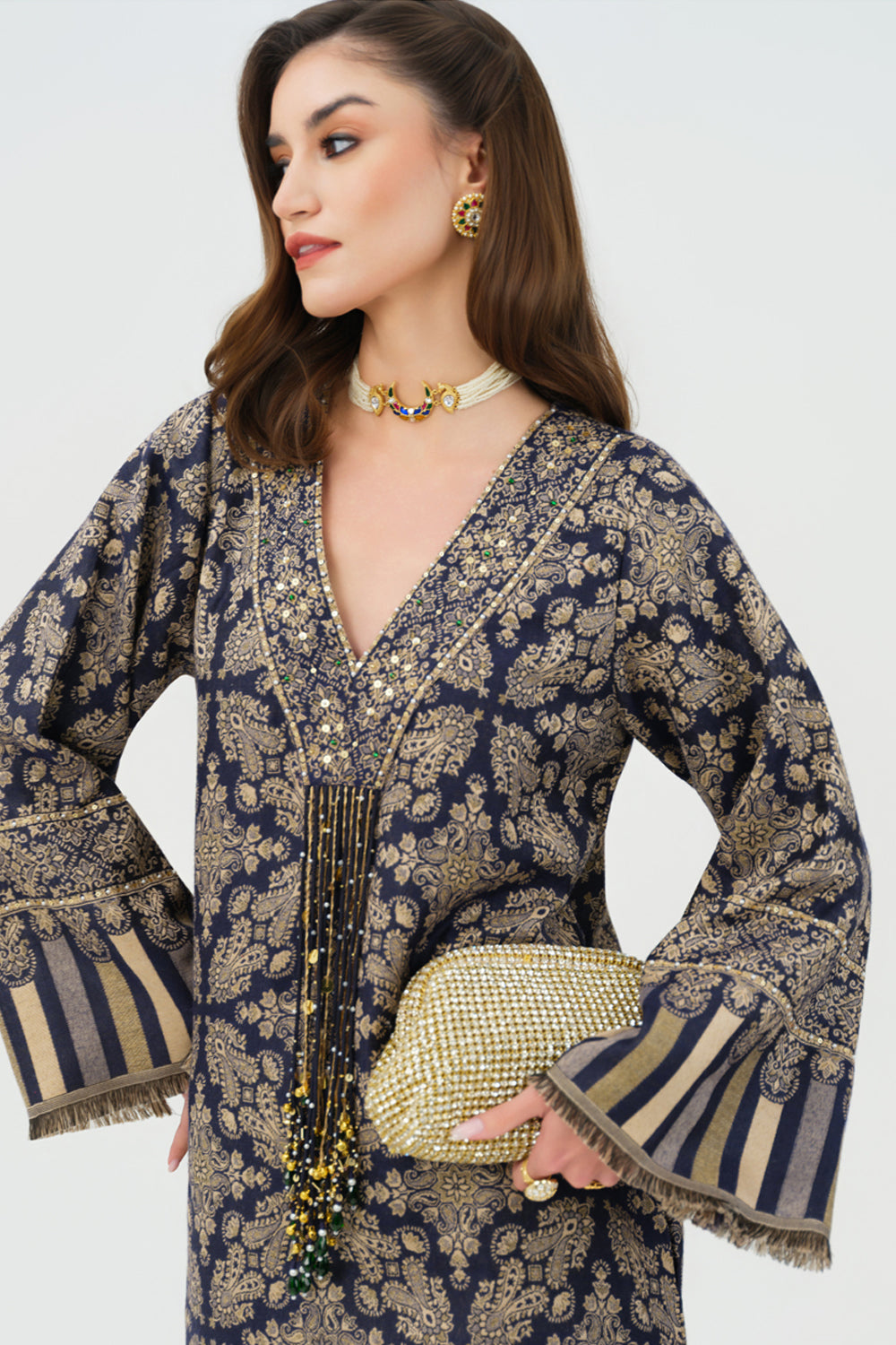 Zia Embroidered Shawl Kaftan (Navy Blue)