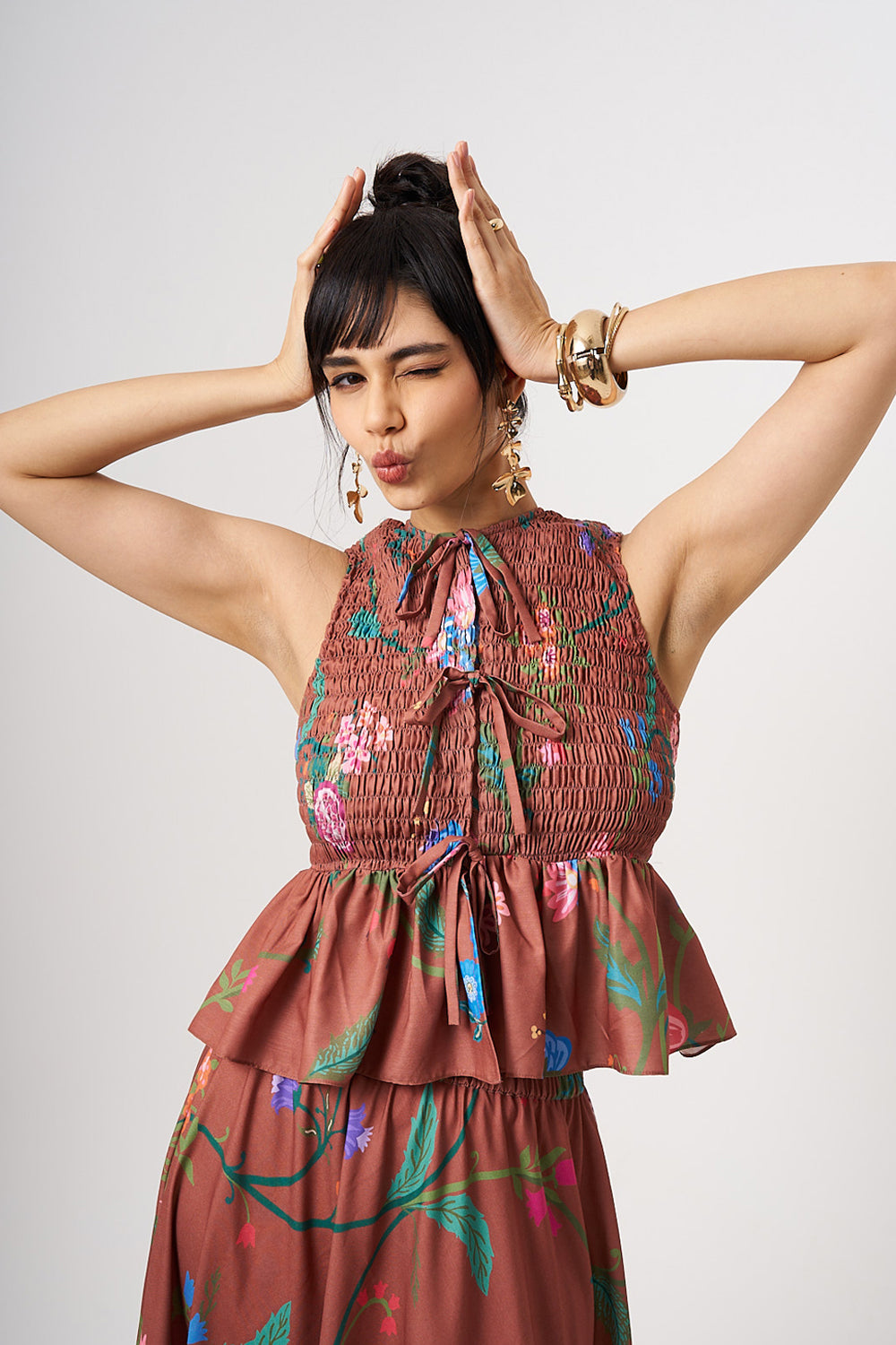 Amber Bloom Tie-up Top & Skirt Set