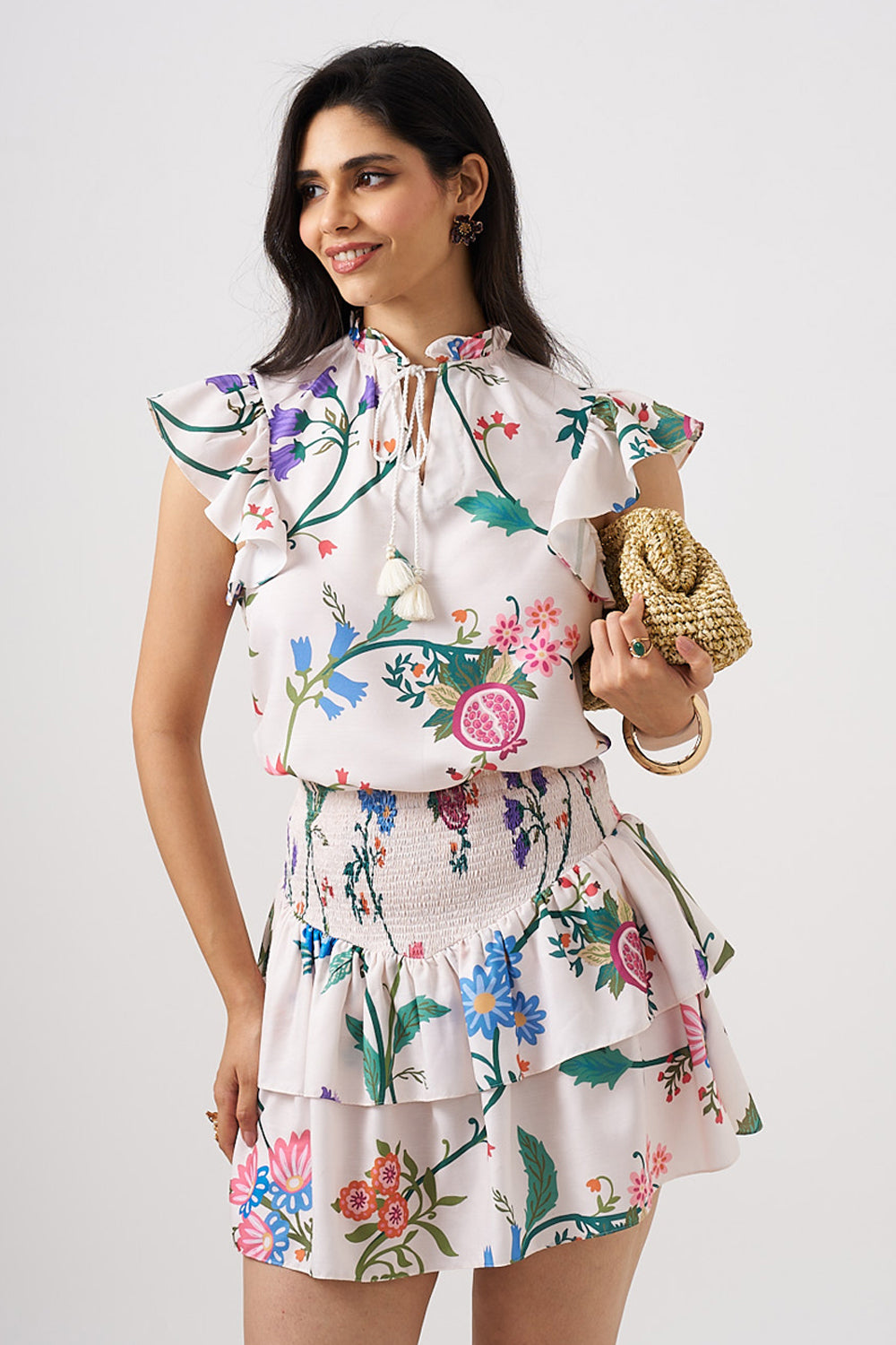 White Printed Top With Short Smocked Skirt