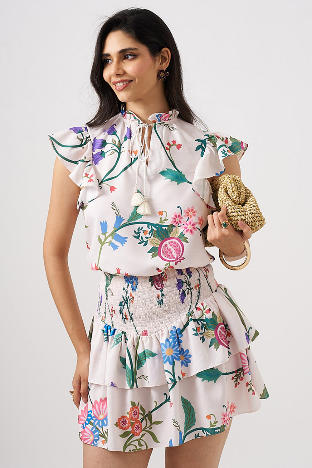 White Printed Top With Short Smocked Skirt