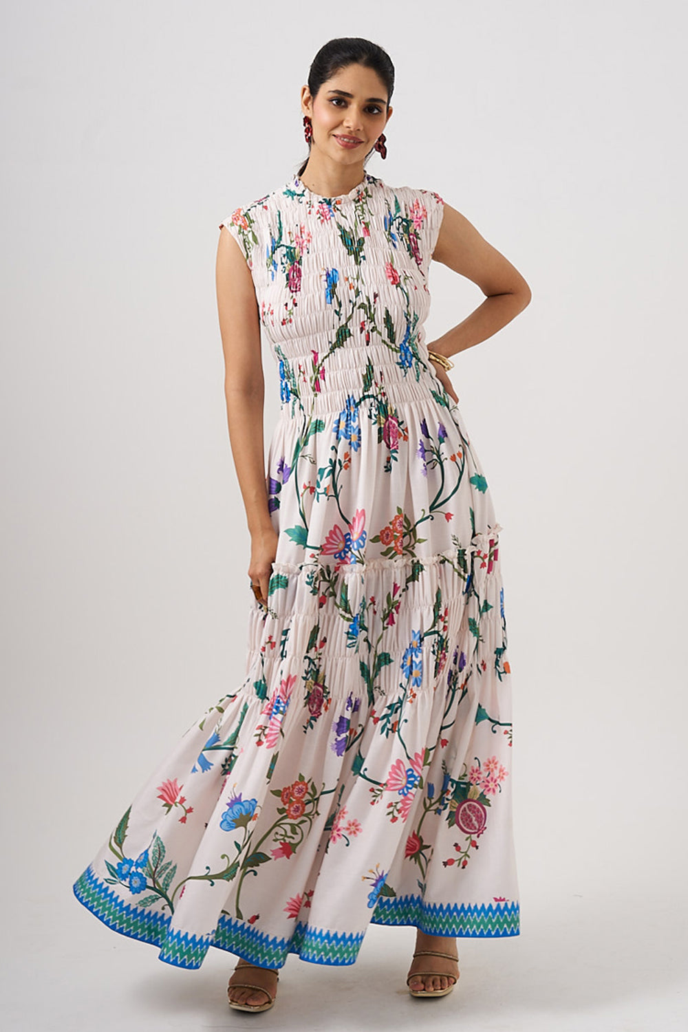 White Long Dress With Smocking Detail